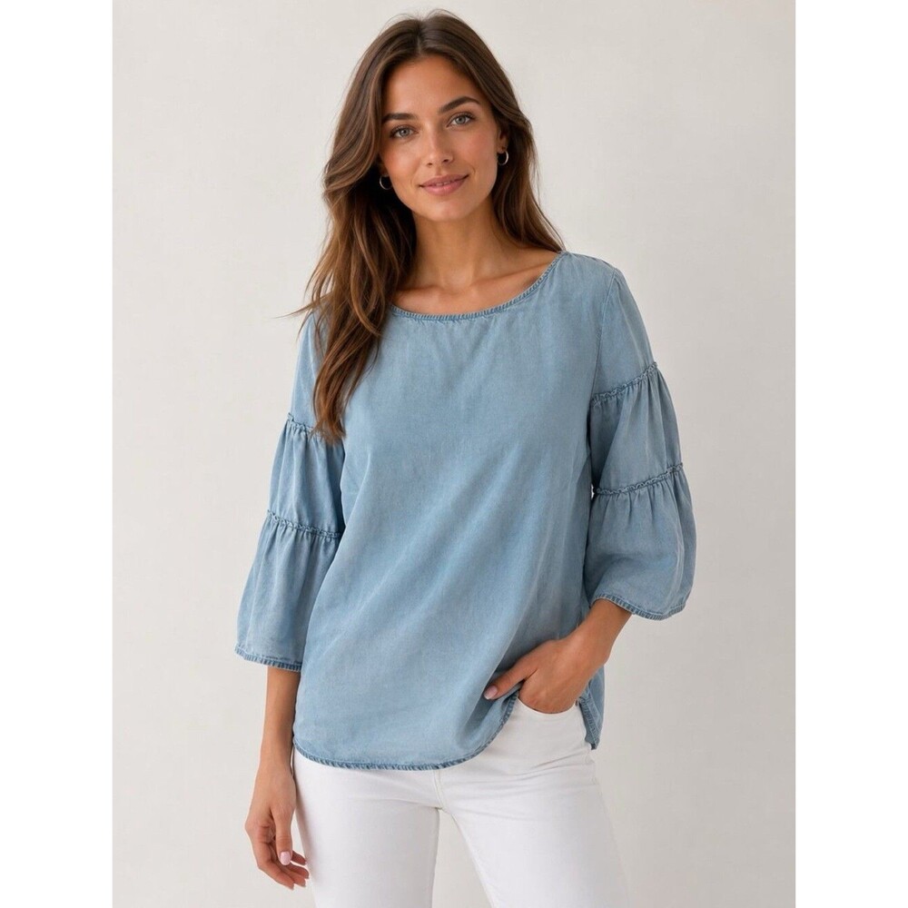 J Jill Denim Chambray Ruffle Bell Sleeve Top Small Blue Soft Tencel Boho Peasant